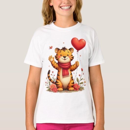 T-shirt Happy Tiger Holding A Heart Balloon (Devant)