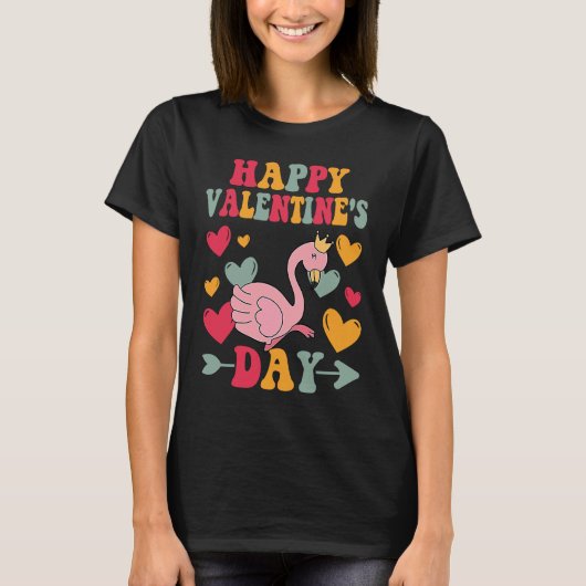 T-shirt Happy Valentines Day Flamingo Heart Love Groovy (Devant)