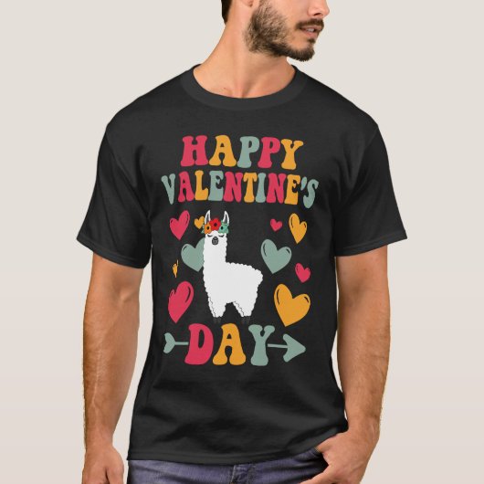 T-shirt Happy Valentines Day Llama Heart Love Groovy (Devant)