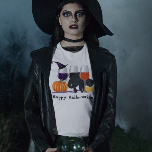 T-shirt Happy Wine Witch Halloween Black Cat Broom