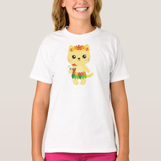 T-shirt Hawaii Chat, Cute Chat, Chat Jaune, Fleurs, Luau (Devant)