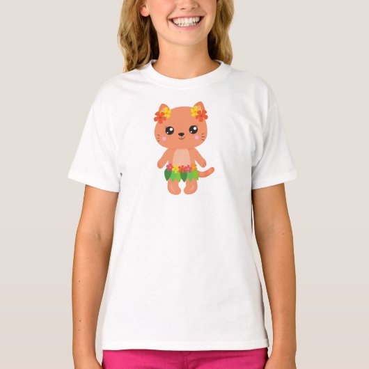 T-shirt Hawaii Chat, Cute Chat, Orange Chat, Fleurs, Luau (Devant)