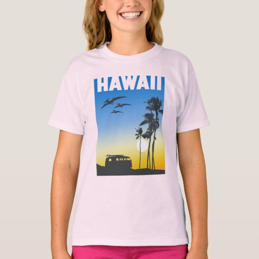 T-shirt Hawaii Sunset Surf Dinosaur filles (Devant)