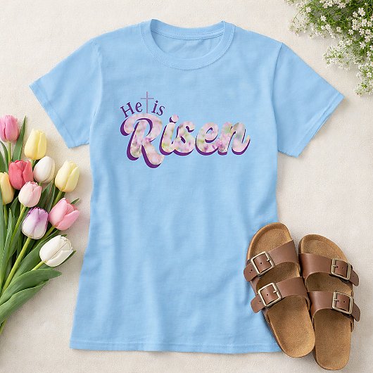 T-shirt He Is Risen Purple Floral Script Christian Easter 