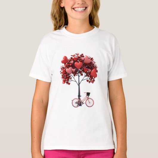 T-shirt Heart Tree Bicycle Romantic Valentine Girls' Basic (Devant)