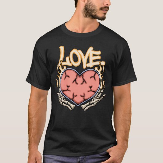 T-shirt Heart with Flames and Skeleton Hands streetwear (Devant)
