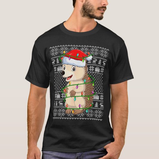 T-shirt Hedgehog Christmas Lights Ugly Sweater Funny Santa (Devant)