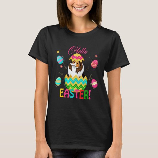 T-shirt Hello Easter Shetland Sheepdog Inside Chocolate Eg (Devant)