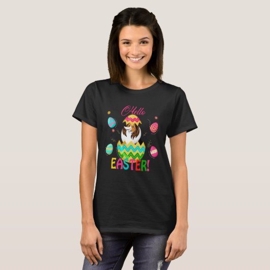 T-shirt Hello Easter Shetland Sheepdog Inside Chocolate Eg (Devant entier)