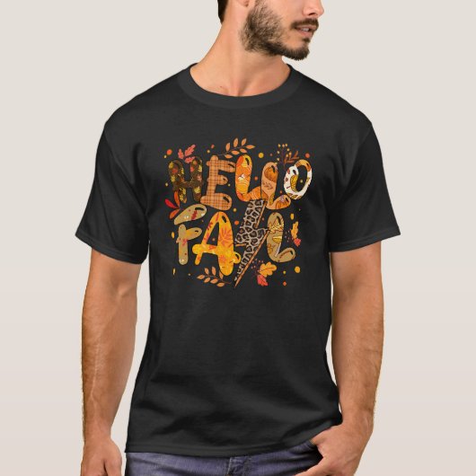 T-shirt Hello Fall Leopard Buffalo Plaid Fall Autumn Thank (Devant)