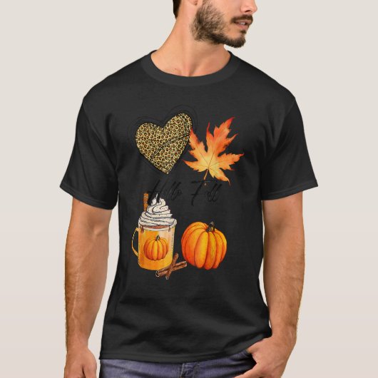 T-shirt Hello Fall Leopard Heart Pumkin Autumn Leaves Tha (Devant)