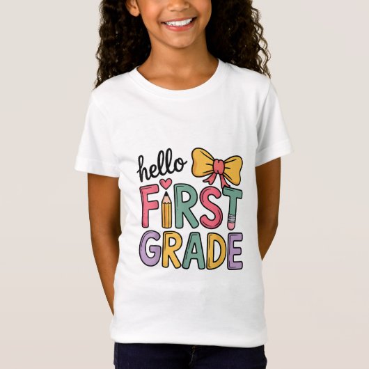T-Shirt Hello First Grade Coquette Bow enseignant (Devant)