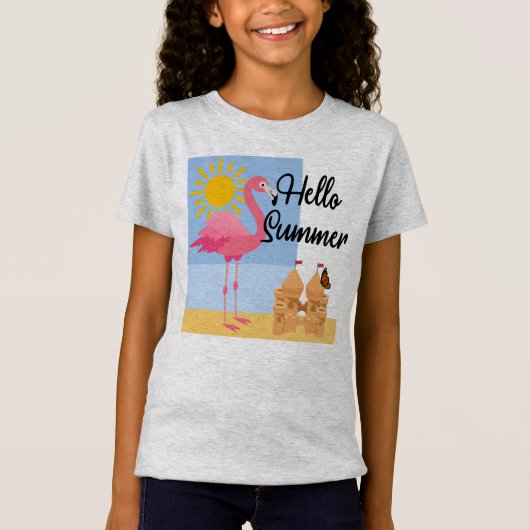T-Shirt Hello Summer Pink Flamant rose Design - Fille's Fi (Devant)
