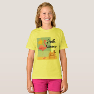 T-shirt Hello Summer Pink Flamant rose Design - Girls' Bas