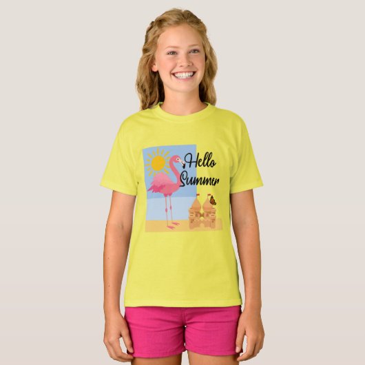T-shirt Hello Summer Pink Flamant rose Design - Girls' Bas (Devant entier)