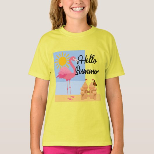 T-shirt Hello Summer Pink Flamant rose Design - Girls' Bas (Devant)