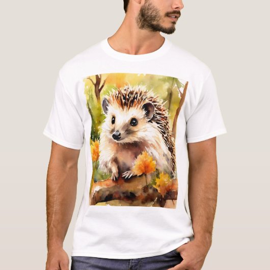 T-shirt Hérisson adorable sur les feuilles d'automne (Devant)