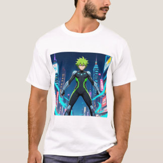 T-shirt Héroïne d'anime aux cheveux verts futuristes dans