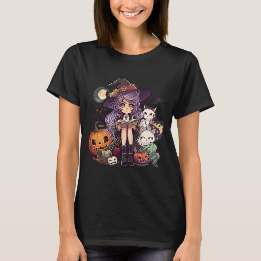 T-shirt Heure de la nuit d'Halloween Jeune sorcière lire a (Devant)