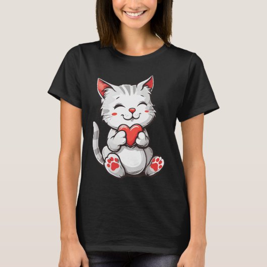 T-shirt Heureuse Sainte-Valentin Chat tenant le coeur (Devant)