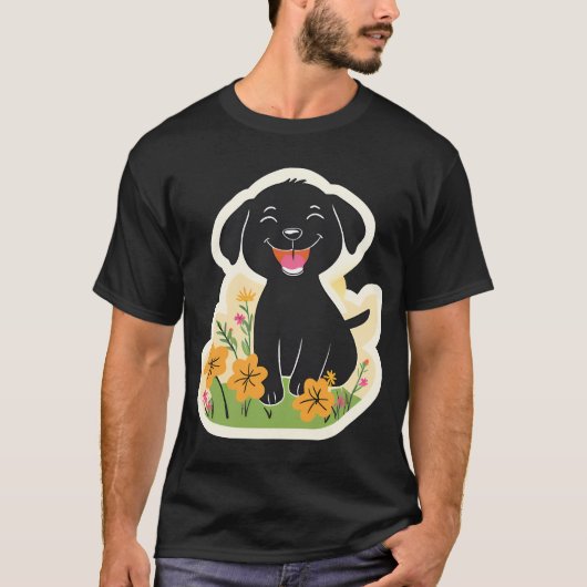 T-shirt Heureux chiot noir dans les fleurs sauvages (Devant)