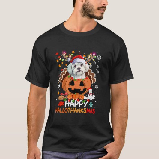 T-shirt Heureux Hallothanksmas Drôle chien maltais dinde M (Devant)