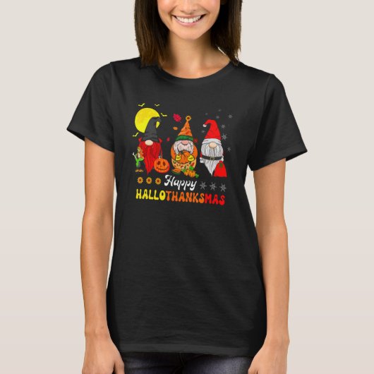 T-shirt Heureux Hallothanksmas Gnomes Witch Santa Hat Pump (Devant)