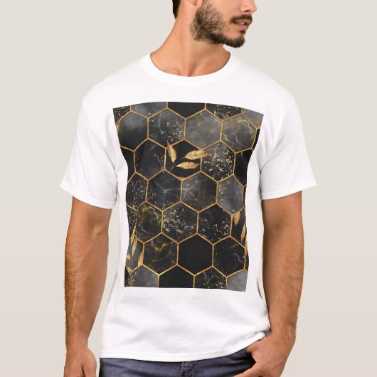 T-shirt Hexagon de marbre, Texture Feuille d'or. (Devant)
