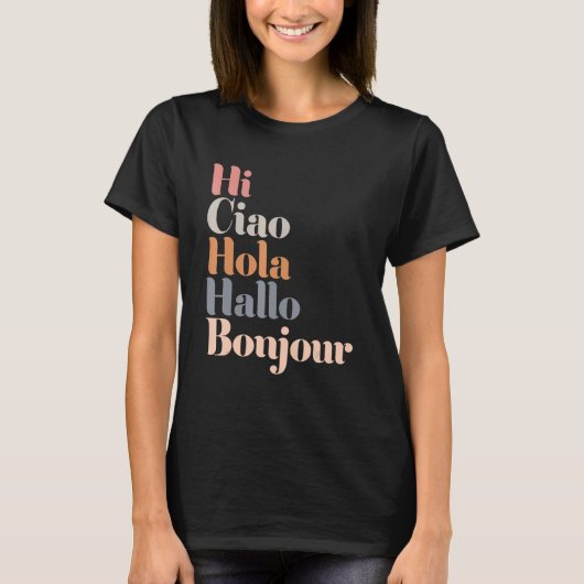 T-shirt Hi Multiple Languages Hallo Bonjour Ciao Hola Boho (Devant)