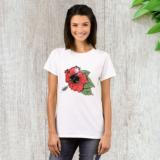 T-shirt Hibiscus rouge tropical avec Feuilles verts