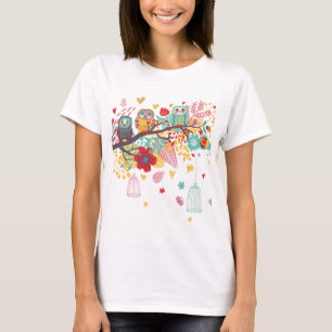 T-shirt Hiboux mignons et arrière - plan floral coloré