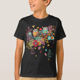 T-shirt Hiboux mignons et arrière - plan floral coloré