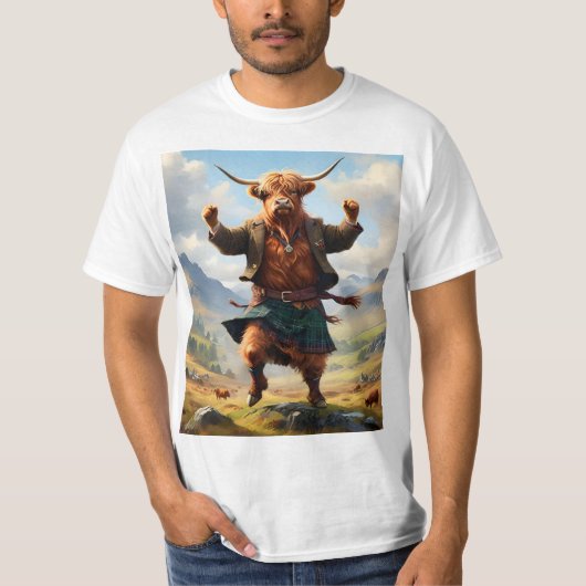 T-shirt Highland Cow Dansant Le Highland Fling, (Devant)