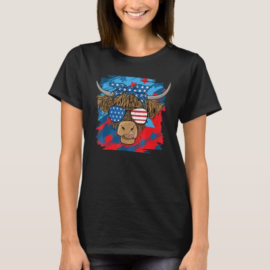 T-shirt Highland Cow Merica 4 juillet Heifer Us Drapeau We (Devant)