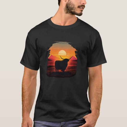 T-shirt Highland Cow Scottish Cattle Sunset (Devant)