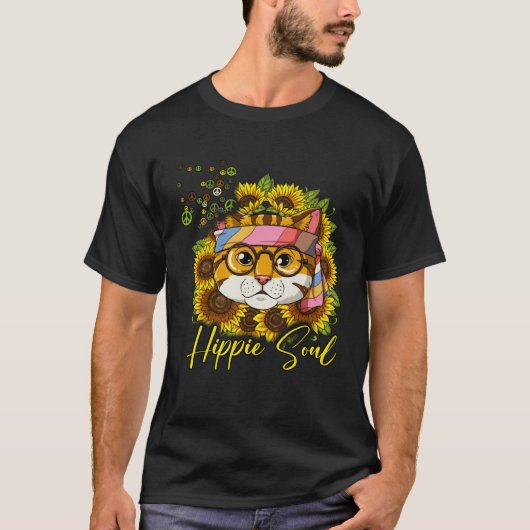 T-shirt Hippie Cat Sunflower Hippie Soul (Devant)