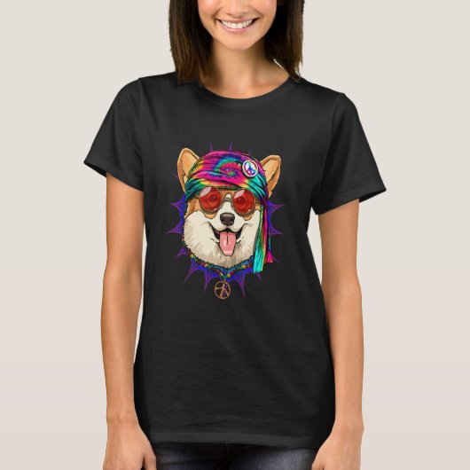 T-shirt Hippie Corgi Tie Dye Peace Sign Psychedelic Corgi (Devant)