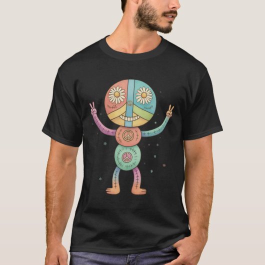 T-shirt Hippie Peace Doll – Retro Stitched Flower Child (Devant)