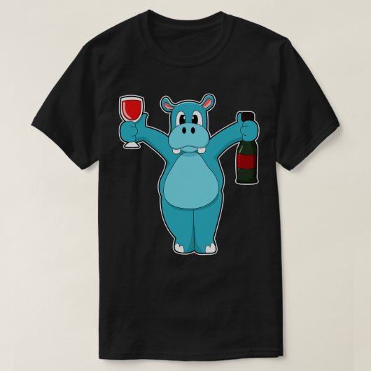 T-shirt Hippo avec verre de vin bouteille vin (Design devant)