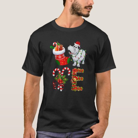 T-shirt Hippo Christmas Lights Led Santa Hat Christmas (Devant)