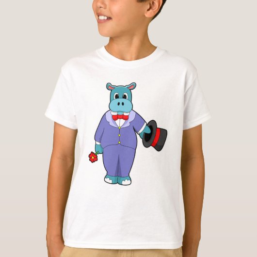 T-shirt Hippopotame en marié avec costume et rose (Devant)