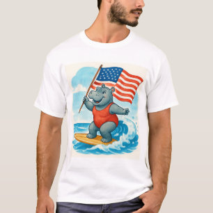 T-shirt Hippopotame surfeur surfant la fête de l'indépenda