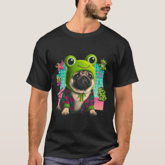 T-shirt Hispter pug avec un chapeau de grenouille dessus