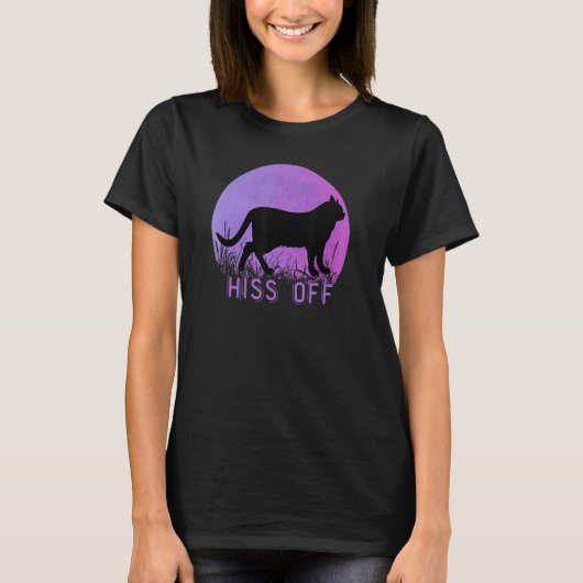 T-shirt Hiss Off Meow Retro Sunset Style Black Kitty Chat (Devant)