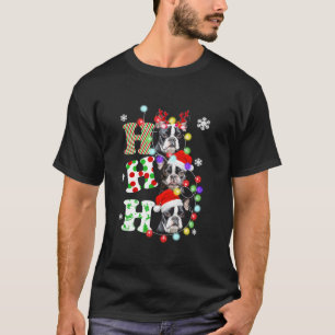 T-shirt Ho Ho Boston Terrier Santa Hat Lights Reindeder
