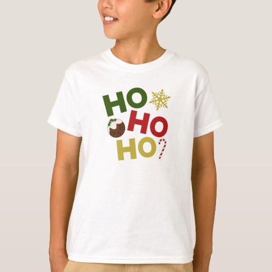 T-shirt HO HO HO+Christmas Pudding, bonbons, flocon de nei (Devant)