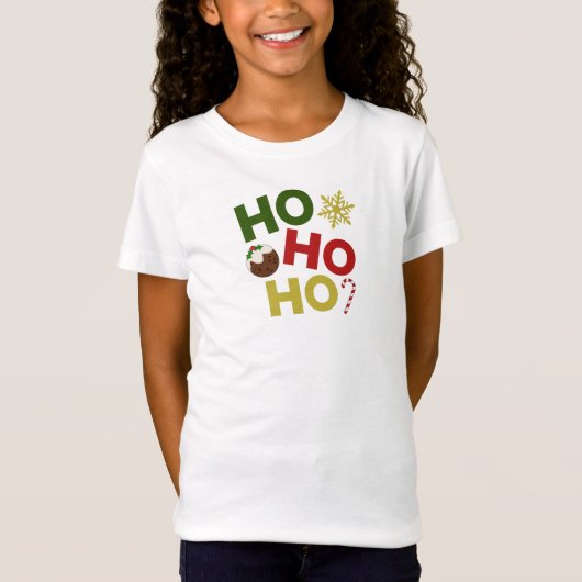 T-Shirt HO HO HO+Christmas Pudding, bonbons, flocon de nei (Devant)