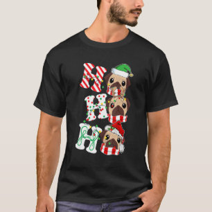 T-shirt Ho Ho Ho Pug Dog Lights Santa Hat reindeer ELF Chr