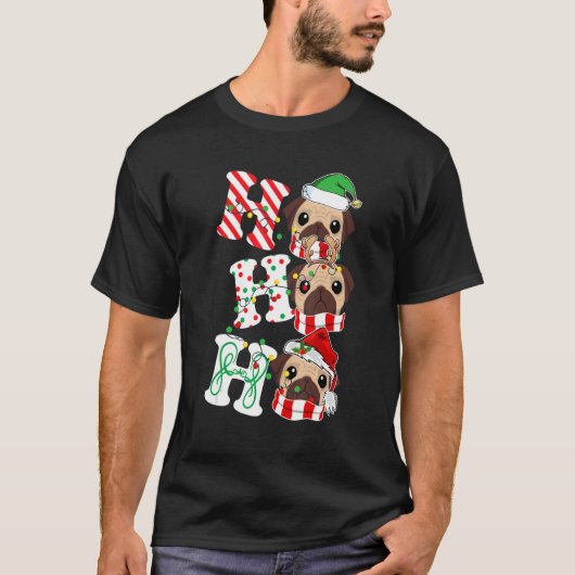 T-shirt Ho Ho Ho Pug Dog Lights Santa Hat reindeer ELF Chr (Devant)