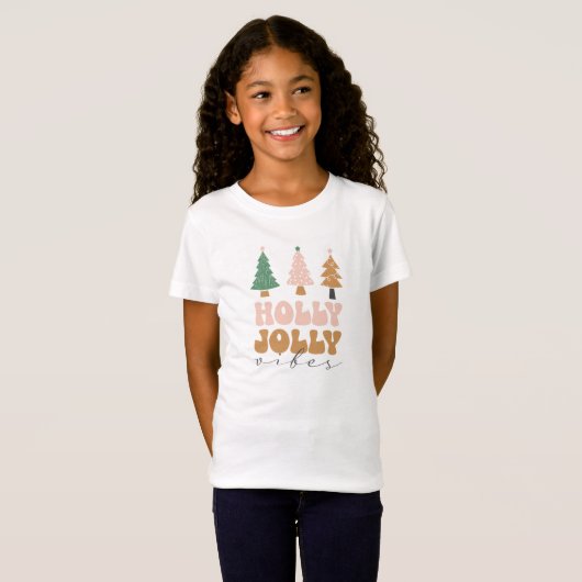 T-Shirt Holly Jolly Vibes Pink & Green Arbres de Noël (Devant entier)